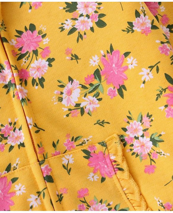 Babyhug Cotton Knit Full Sleeves Front Open Sweatjacket with Hood & Floral Print - Yellow