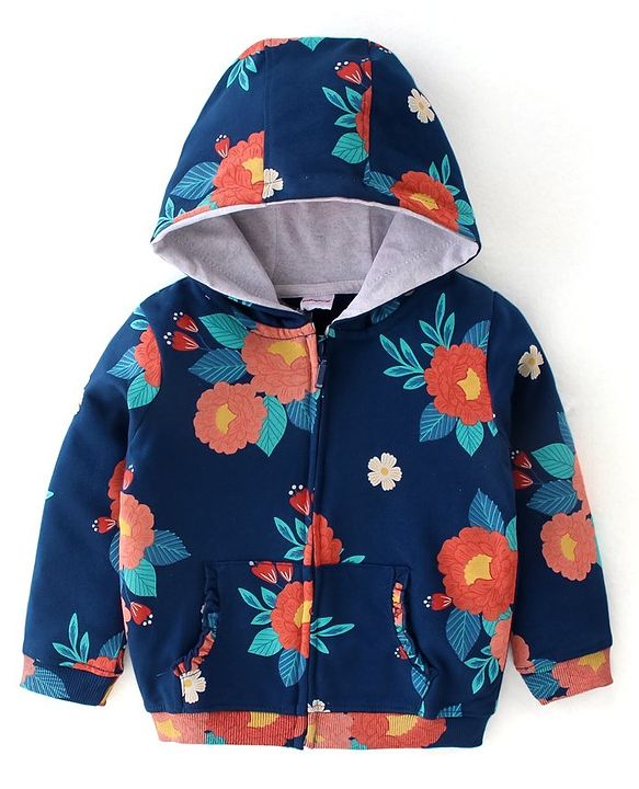 Babyhug Cotton Knit Full Sleeves Front Open Sweatjacket with Hood & Floral Print - Navy Blue