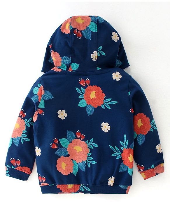 Babyhug Cotton Knit Full Sleeves Front Open Sweatjacket with Hood & Floral Print - Navy Blue