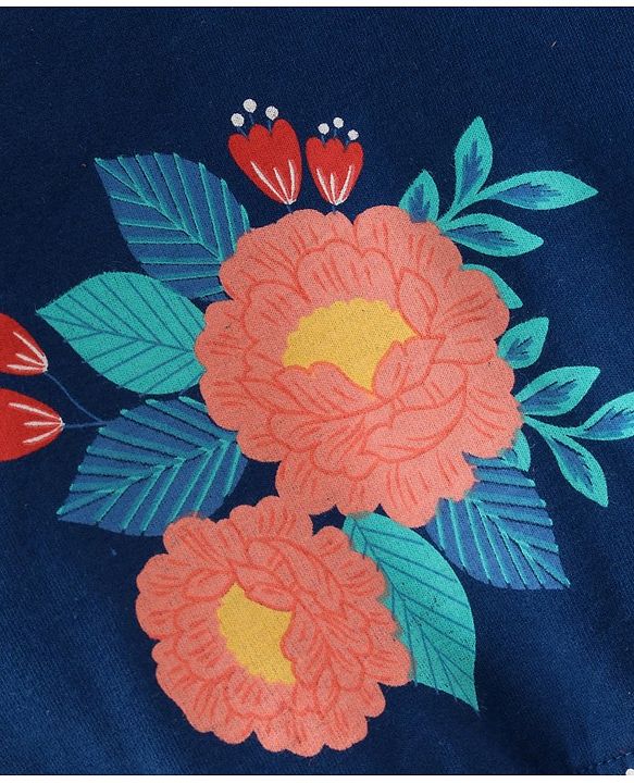 Babyhug Cotton Knit Full Sleeves Front Open Sweatjacket with Hood & Floral Print - Navy Blue