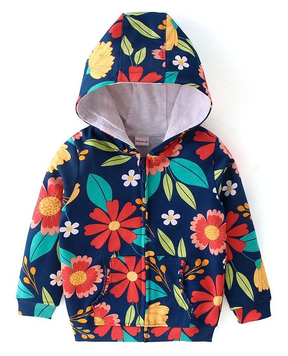 Babyhug Cotton Knit Full Sleeves Front Open Sweatjacket with Hood & Floral Print - Navy Blue