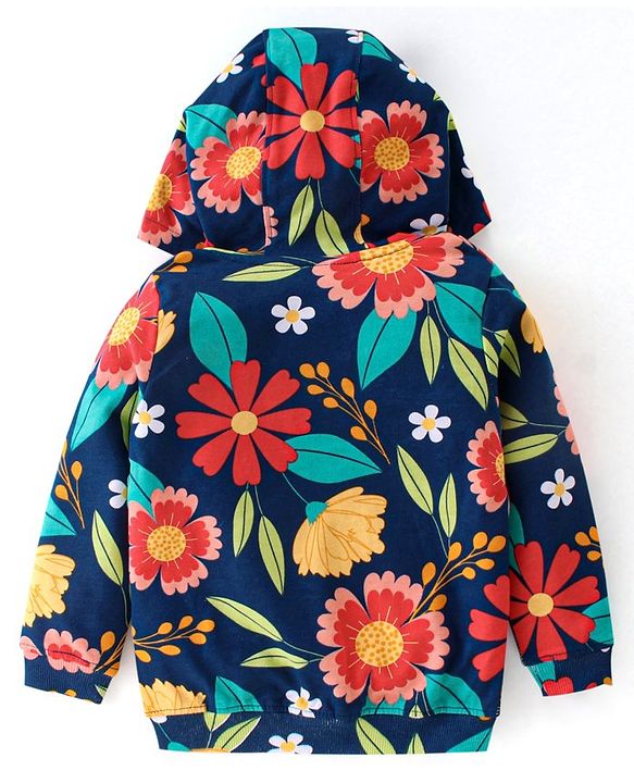 Babyhug Cotton Knit Full Sleeves Front Open Sweatjacket with Hood & Floral Print - Navy Blue
