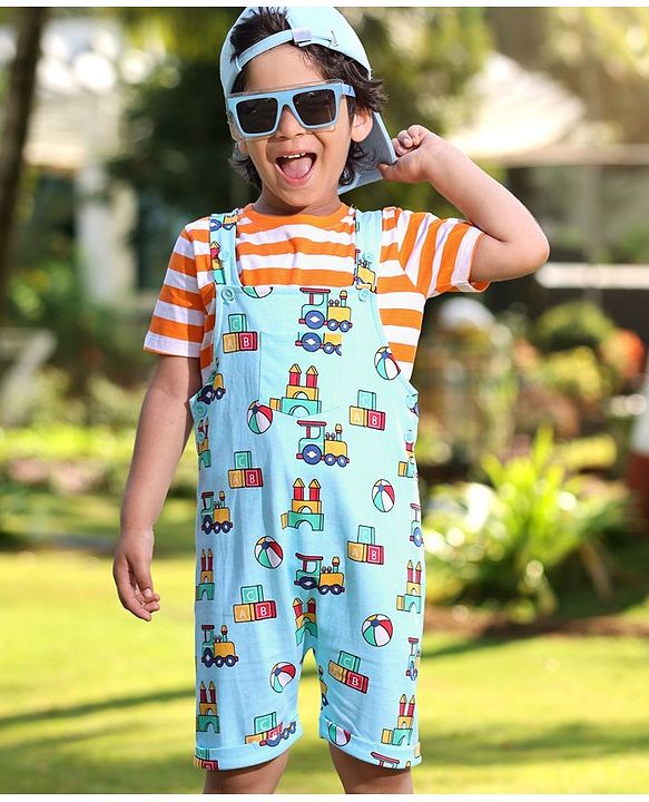 Babyhug Cotton Knit Truck Printed Dungaree with Half Sleeves Striped Inner Tee - Red & Blue