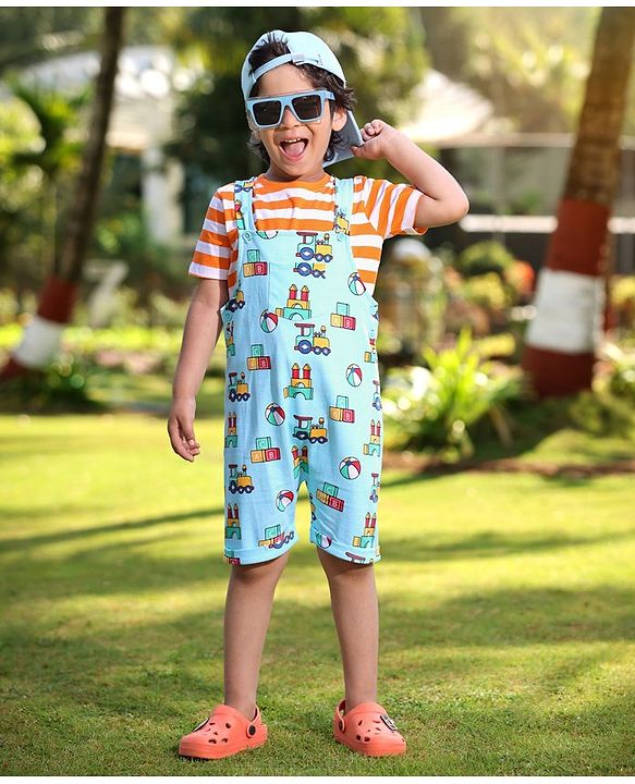 Babyhug Cotton Knit Truck Printed Dungaree with Half Sleeves Striped Inner Tee - Red & Blue
