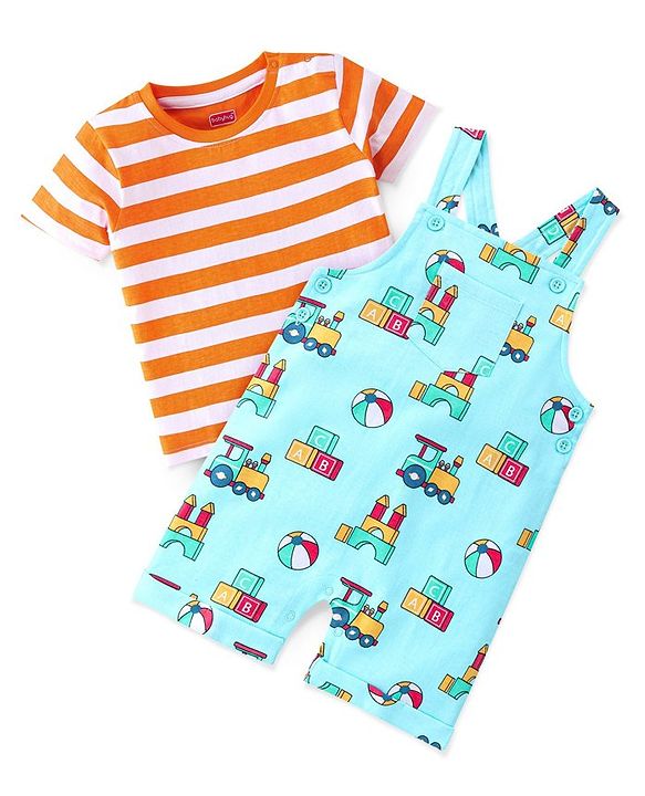 Babyhug Cotton Knit Truck Printed Dungaree with Half Sleeves Striped Inner Tee - Red & Blue