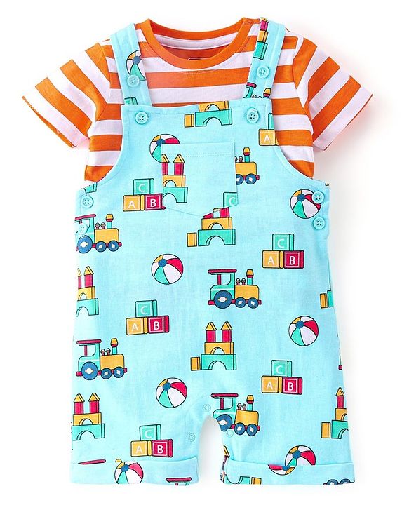 Babyhug Cotton Knit Truck Printed Dungaree with Half Sleeves Striped Inner Tee - Red & Blue