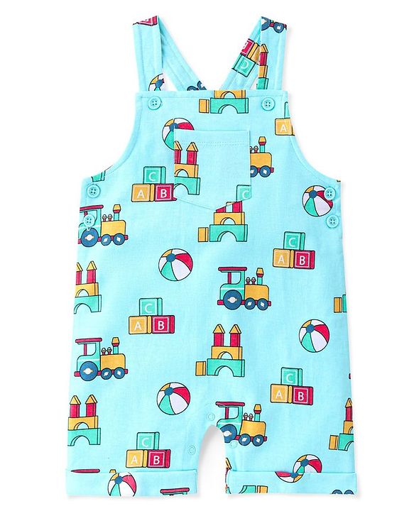 Babyhug Cotton Knit Truck Printed Dungaree with Half Sleeves Striped Inner Tee - Red & Blue