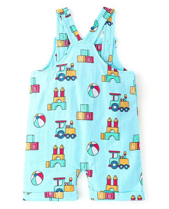 Babyhug Cotton Knit Truck Printed Dungaree with Half Sleeves Striped Inner Tee - Red & Blue