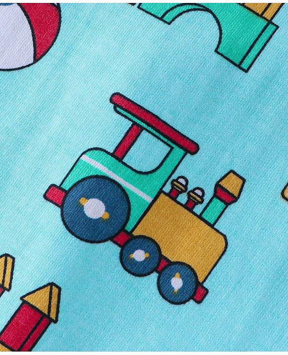 Babyhug Cotton Knit Truck Printed Dungaree with Half Sleeves Striped Inner Tee - Red & Blue