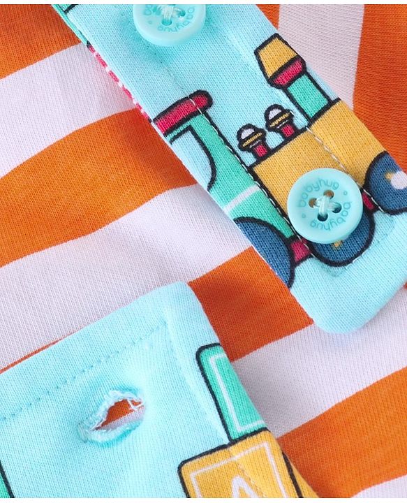 Babyhug Cotton Knit Truck Printed Dungaree with Half Sleeves Striped Inner Tee - Red & Blue