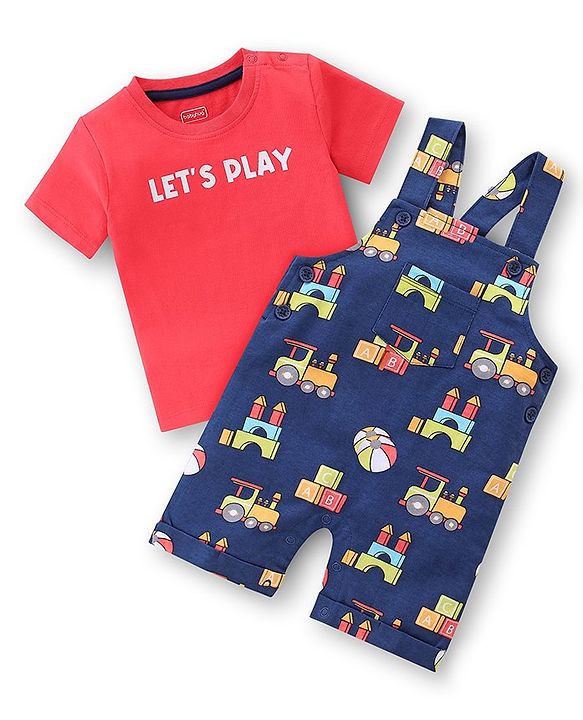 Babyhug 100% Cotton Knit Dungaree & Half Sleeves T-Shirt Set With Vehicle Print - Blue & Red