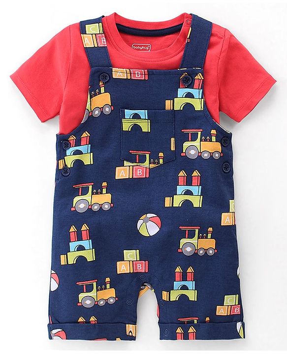 Babyhug 100% Cotton Knit Dungaree & Half Sleeves T-Shirt Set With Vehicle Print - Blue & Red