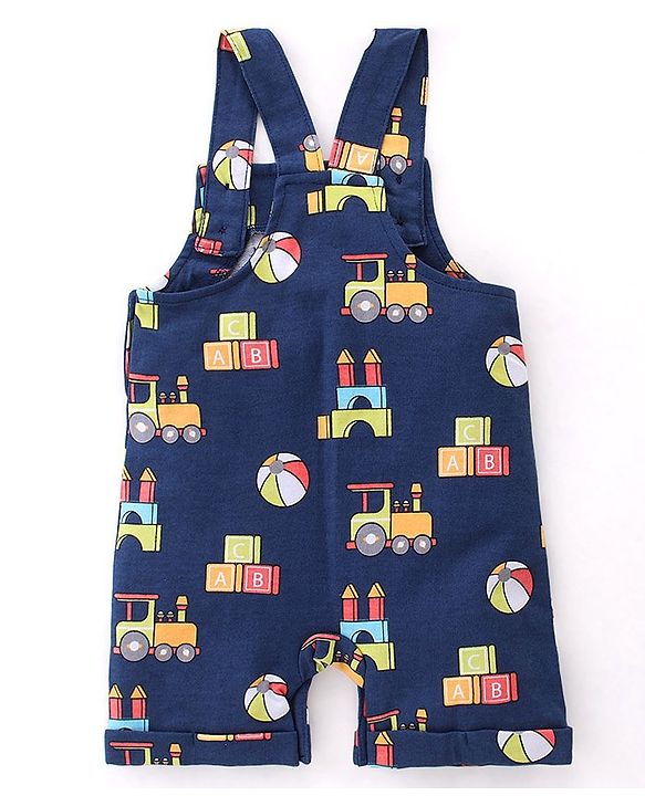 Babyhug 100% Cotton Knit Dungaree & Half Sleeves T-Shirt Set With Vehicle Print - Blue & Red