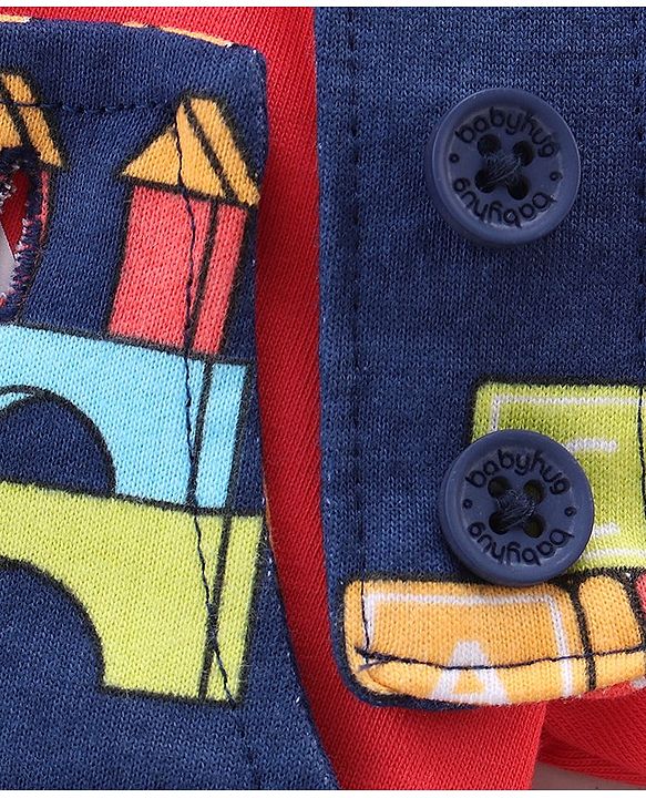 Babyhug 100% Cotton Knit Dungaree & Half Sleeves T-Shirt Set With Vehicle Print - Blue & Red