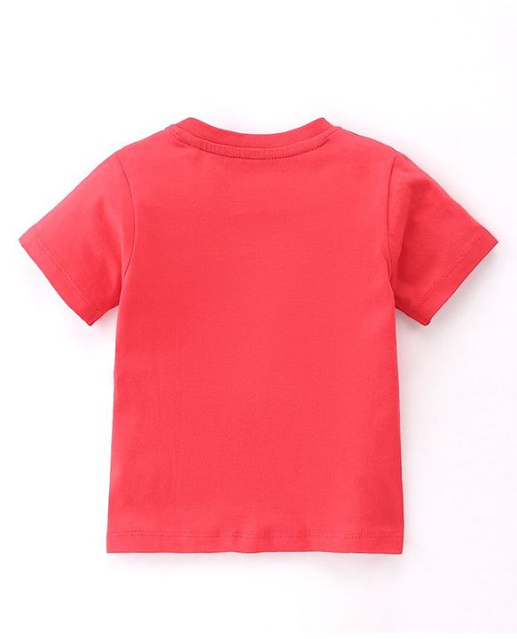 Babyhug 100% Cotton Knit Dungaree & Half Sleeves T-Shirt Set With Vehicle Print - Blue & Red