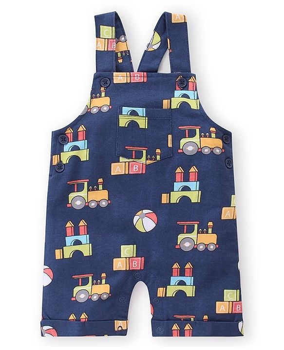 Babyhug 100% Cotton Knit Dungaree & Half Sleeves T-Shirt Set With Vehicle Print - Blue & Red