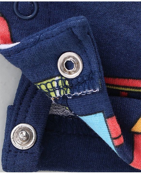 Babyhug 100% Cotton Knit Dungaree & Half Sleeves T-Shirt Set With Vehicle Print - Blue & Red
