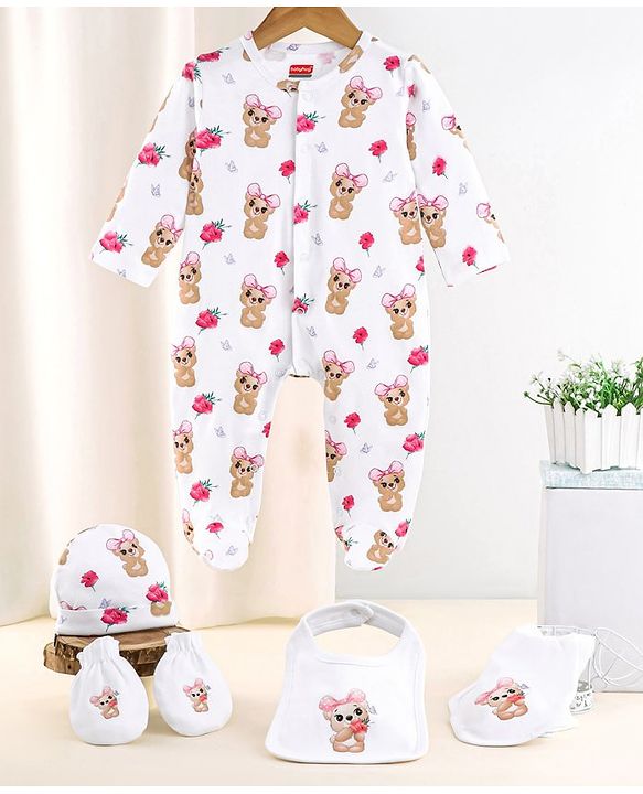 Babyhug 100 % Cotton Clothing Gift Set Animal Theme White - Pack of 5