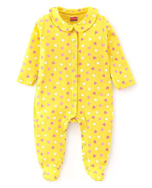 Babyhug Interlock Cotton Knit Full Sleeves Heart Printed Footed Sleepsuit - Yellow
