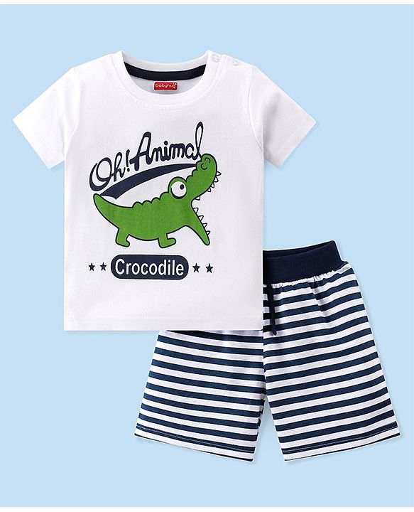 Babyhug Cotton Knit Half Sleeves Night Suit Crocodile Print - White