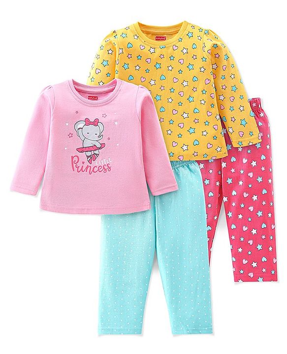 Babyhug Cotton Knit Full Sleeves Night Suit With Star & Elephant Print Pack Of 2 - Pink & Blue