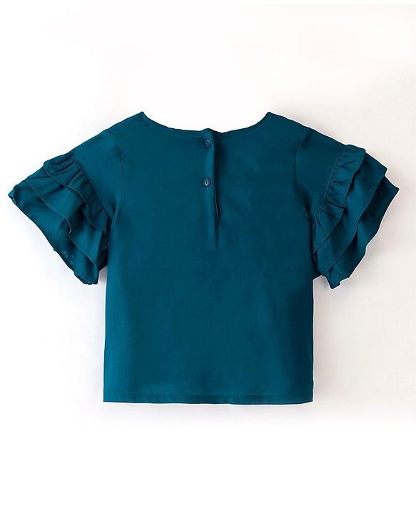 Babyhug Rayon Half Sleeves Woven Top with Floral Embroidery & Frill Detailing - Blue