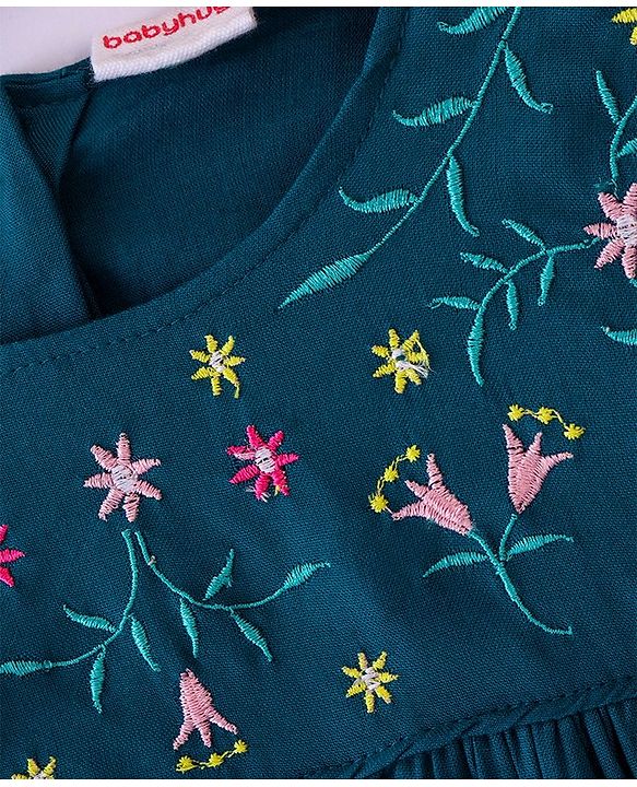 Babyhug Rayon Half Sleeves Woven Top with Floral Embroidery & Frill Detailing - Blue