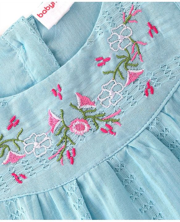 Babyhug Cotton Woven Sleeveless Top with Floral Embroidery - Light Blue