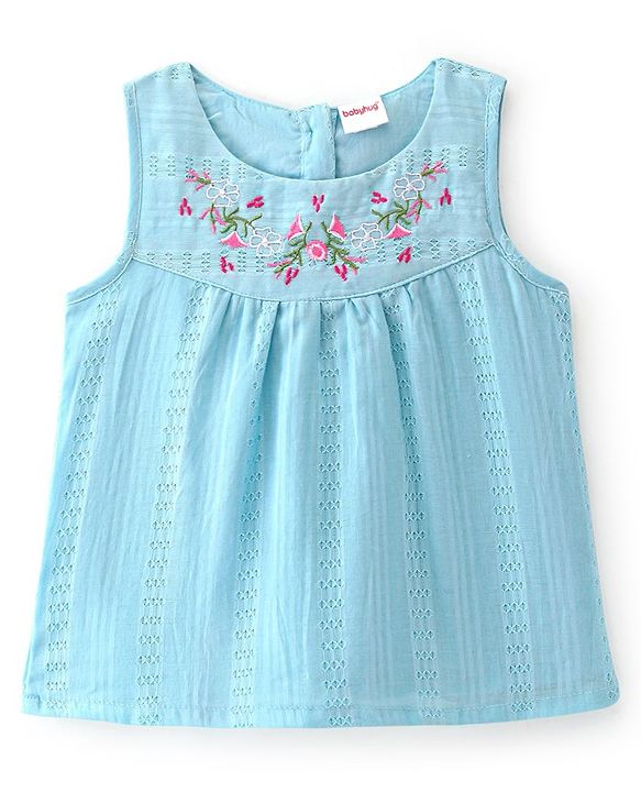 Babyhug Cotton Woven Sleeveless Top with Floral Embroidery - Light Blue