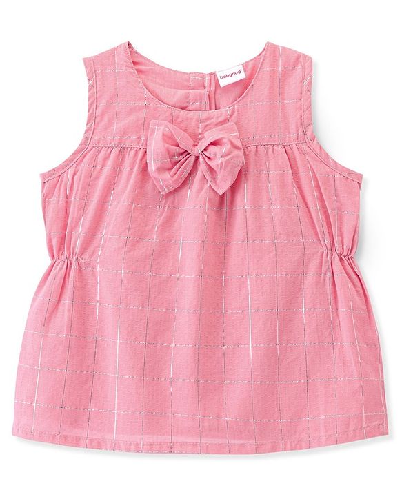 Babyhug Cotton Lurex Sleeveless Woven Top with Bow Detailing - Peach