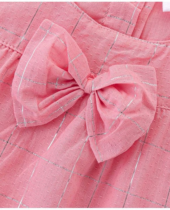 Babyhug Cotton Lurex Sleeveless Woven Top with Bow Detailing - Peach