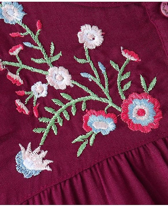 Babyhug Rayon Woven Half Sleeves Top with Floral Embroidery -Maroon