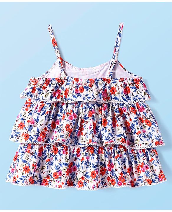 Babyhug 100% Rayon Woven Sleeveless Top with Lace Detailing & Floral Print - White