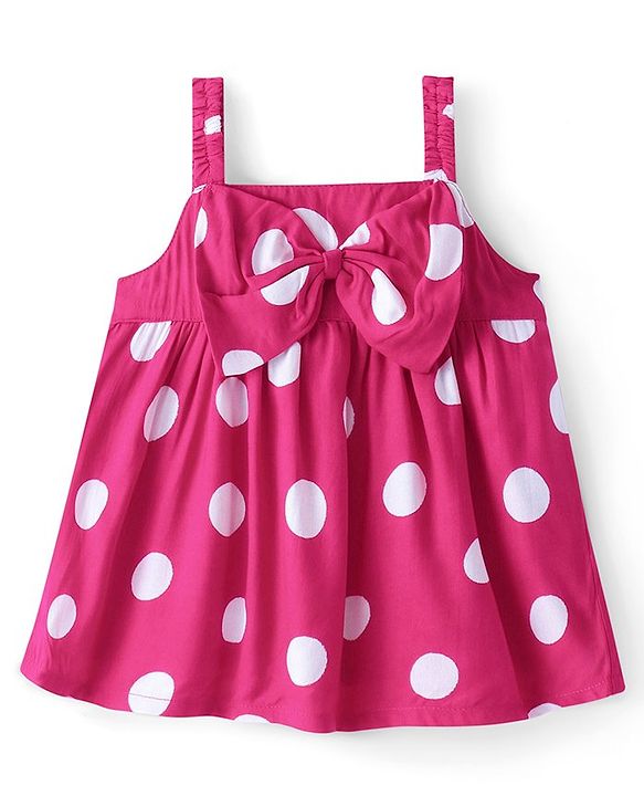 Babyhug Rayon Woven Sleeveless Top With Bow Applique & Polka Dot Print- Pink