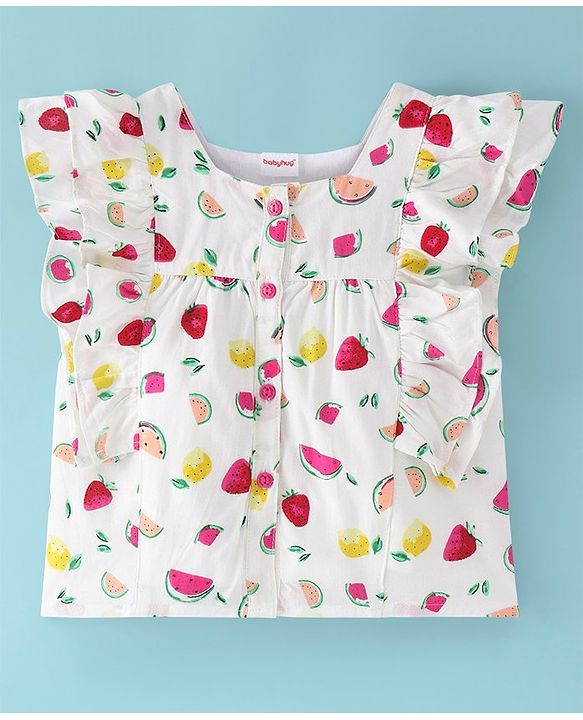 Babyhug Rayon Woven Sleeveless Top With Frill Detailing & Fruits Print - White
