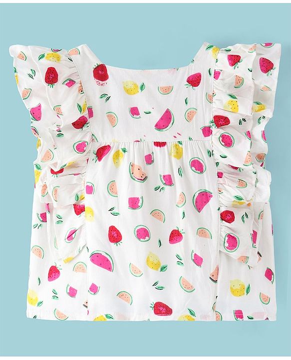 Babyhug Rayon Woven Sleeveless Top With Frill Detailing & Fruits Print - White