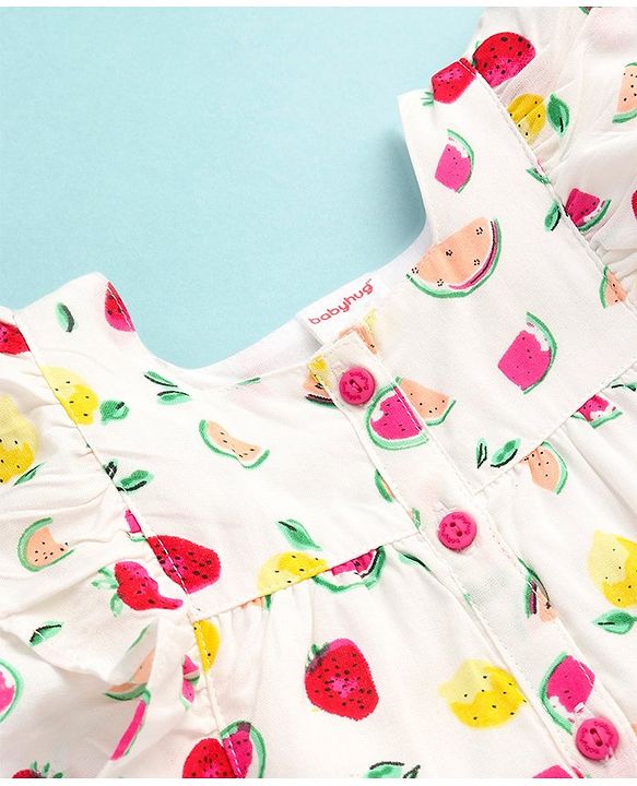 Babyhug Rayon Woven Sleeveless Top With Frill Detailing & Fruits Print - White