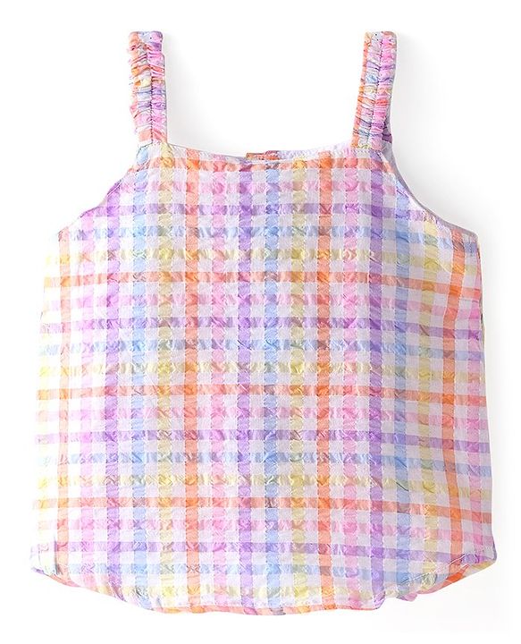 Babyhug Seer Sucker Woven Singlet Sleeves Checked Top Bow Applique - Multicolor