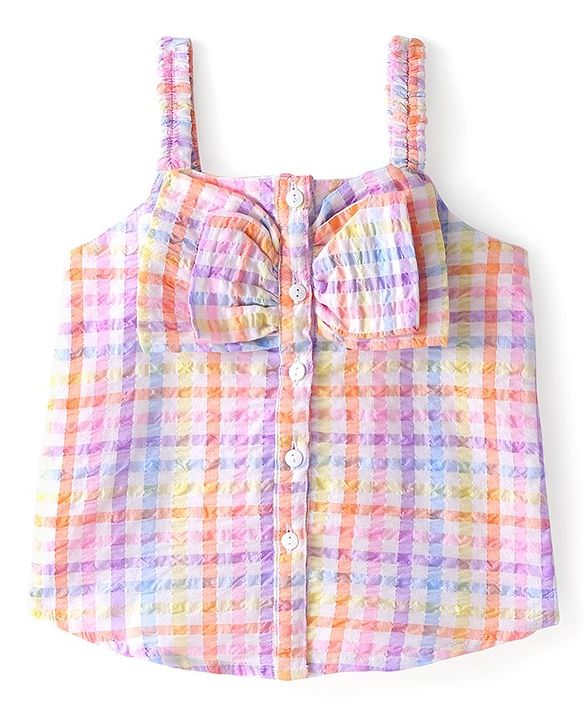 Babyhug Seer Sucker Woven Singlet Sleeves Checked Top Bow Applique - Multicolor