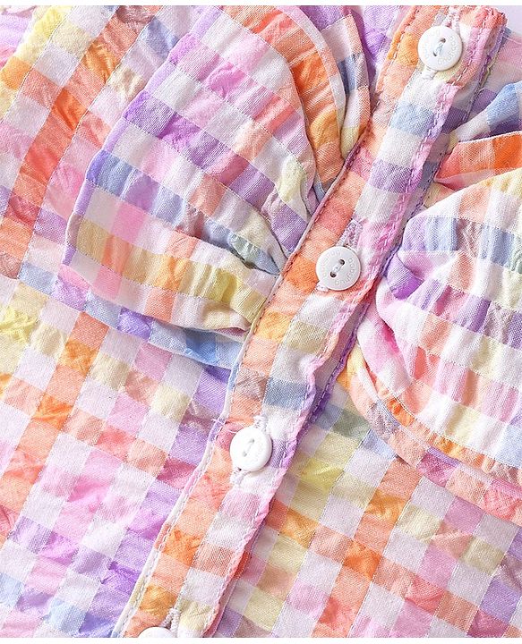 Babyhug Seer Sucker Woven Singlet Sleeves Checked Top Bow Applique - Multicolor