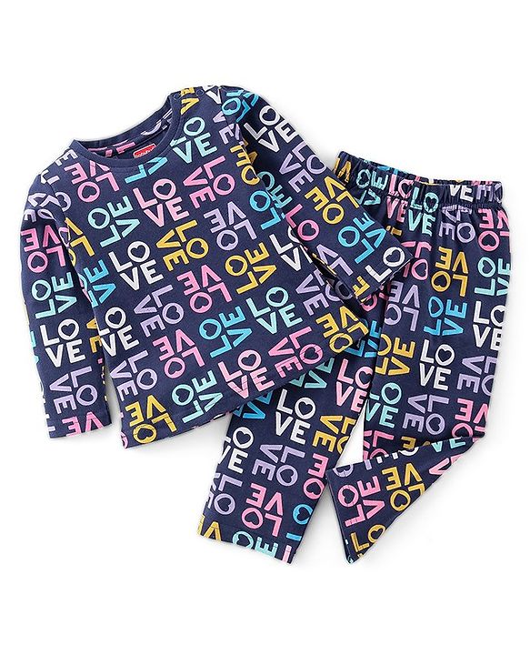 Babyhug Cotton Knit Full Sleeves Night Suit with Text Print- Navy Blue