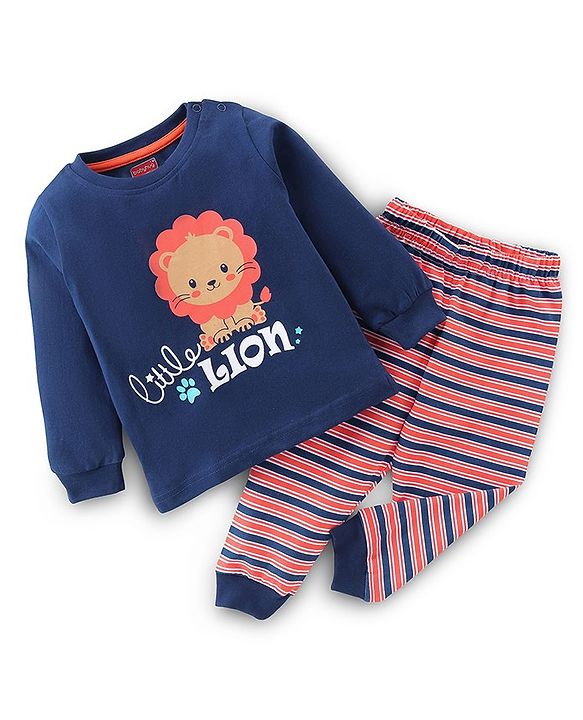 Babyhug Cotton Knit Full Sleeves Night Suit Lion & Strip Print -Blue & Red
