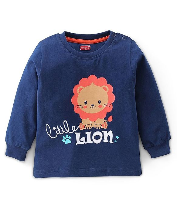 Babyhug Cotton Knit Full Sleeves Night Suit Lion & Strip Print -Blue & Red