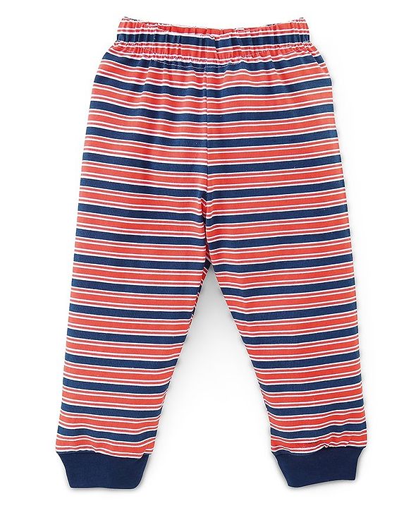 Babyhug Cotton Knit Full Sleeves Night Suit Lion & Strip Print -Blue & Red