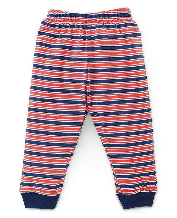 Babyhug Cotton Knit Full Sleeves Night Suit Lion & Strip Print -Blue & Red