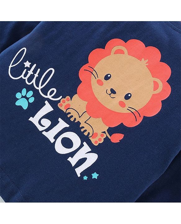 Babyhug Cotton Knit Full Sleeves Night Suit Lion & Strip Print -Blue & Red