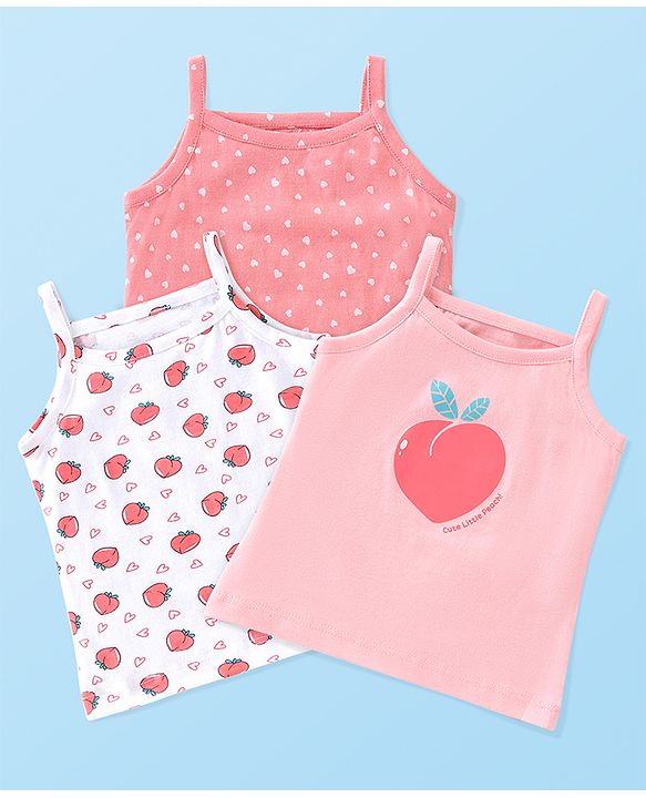 Babyhug 100% Cotton Singlet Slips Heart Print Pack of 3 - Red White & Peach
