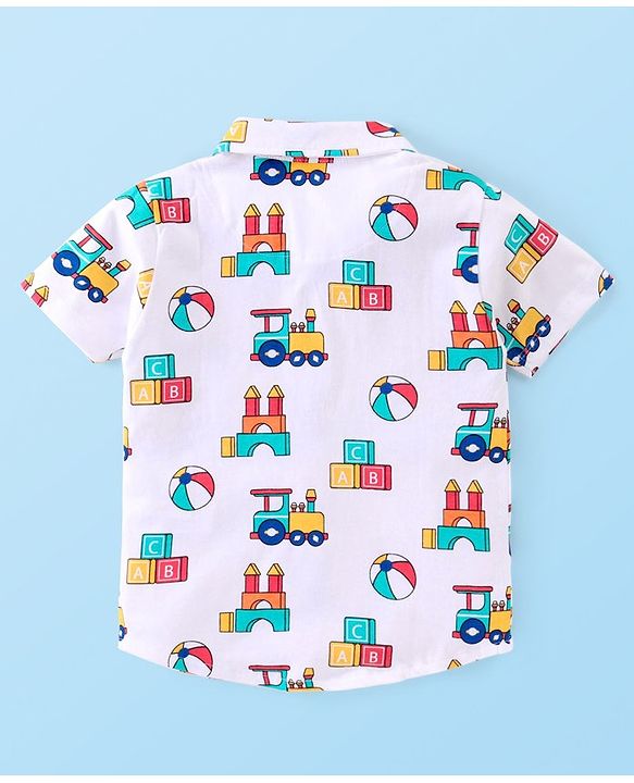 Babyhug Cotton Knit Half Sleeves Shirt & Denim Shorts Set With Toys Print - White Blue