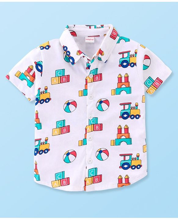 Babyhug Cotton Knit Half Sleeves Shirt & Denim Shorts Set With Toys Print - White Blue