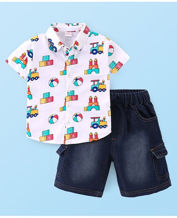 Babyhug Cotton Knit Half Sleeves Shirt & Denim Shorts Set With Toys Print - White Blue